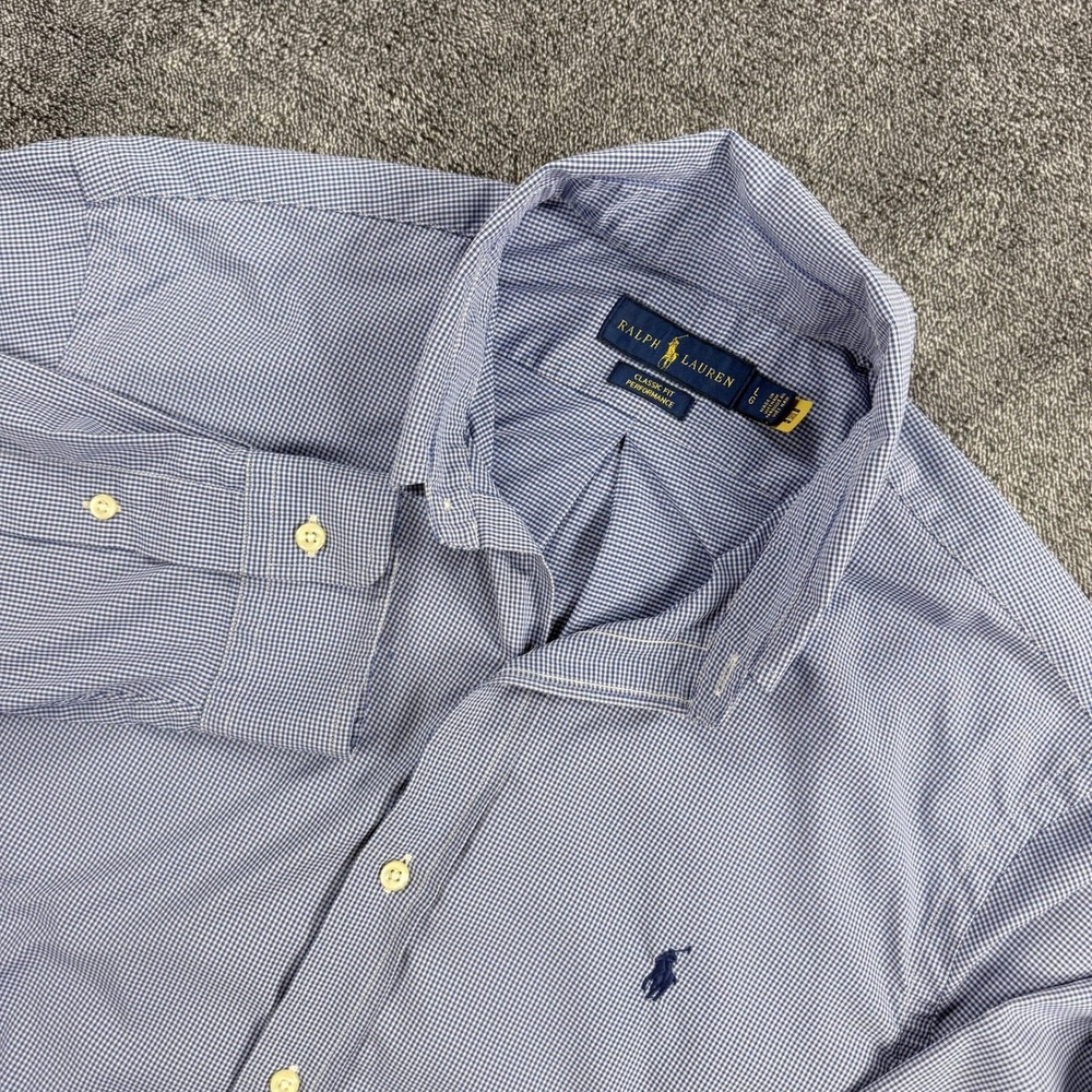 Ralph Lauren Classic Fit Performance Shirt Mens Large Blue Gingham Button Down